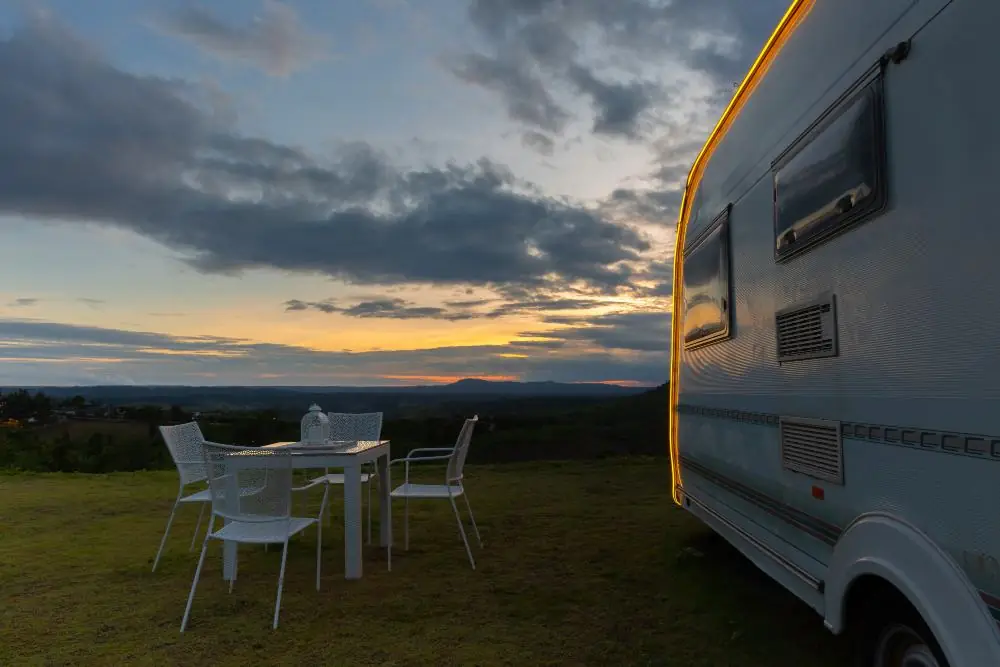 Touring caravan at dusk